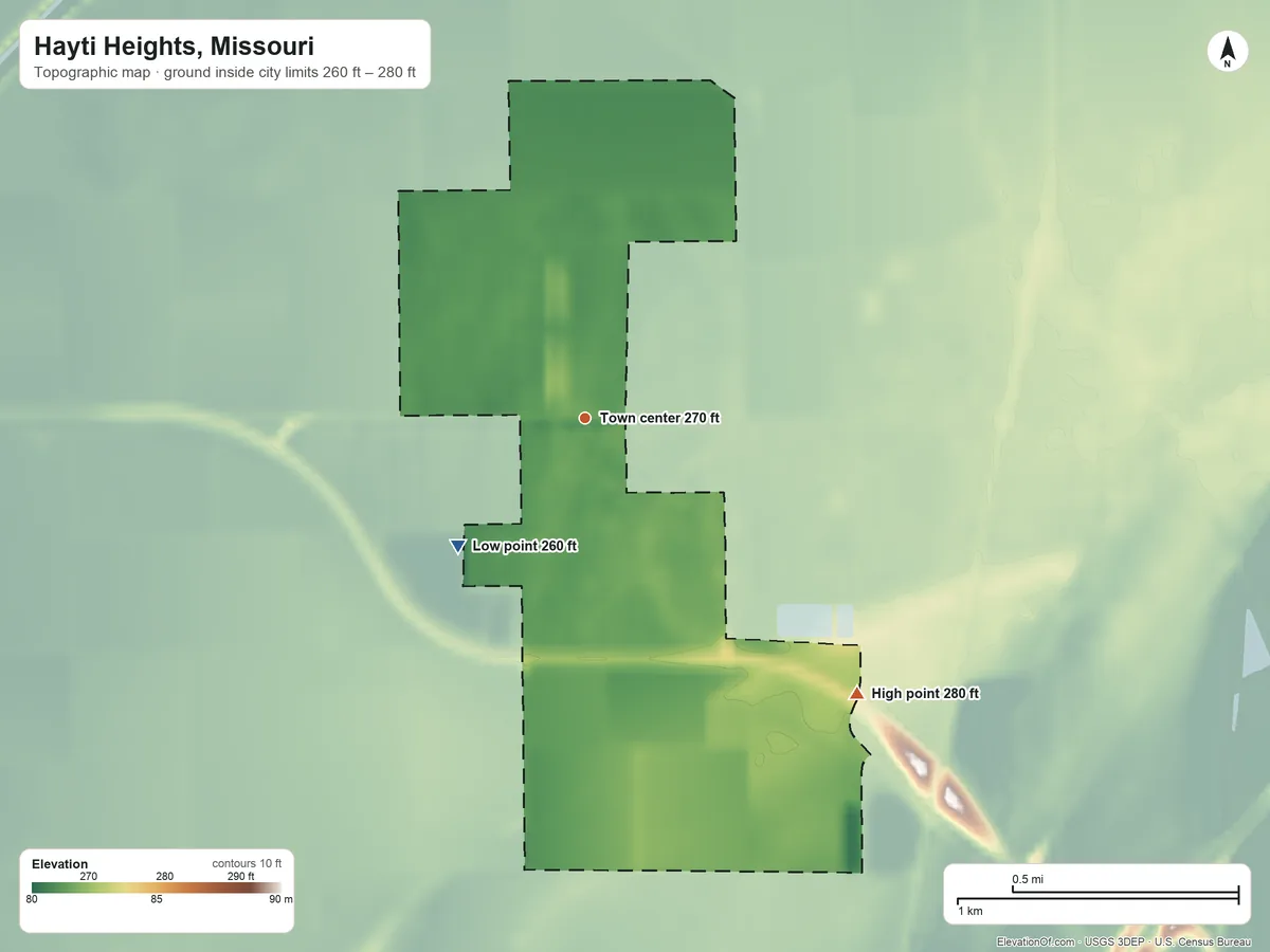 Topographic elevation map of Hayti Heights, Missouri, shaded from 260 ft on the southwest side to 280 ft on the southeast side