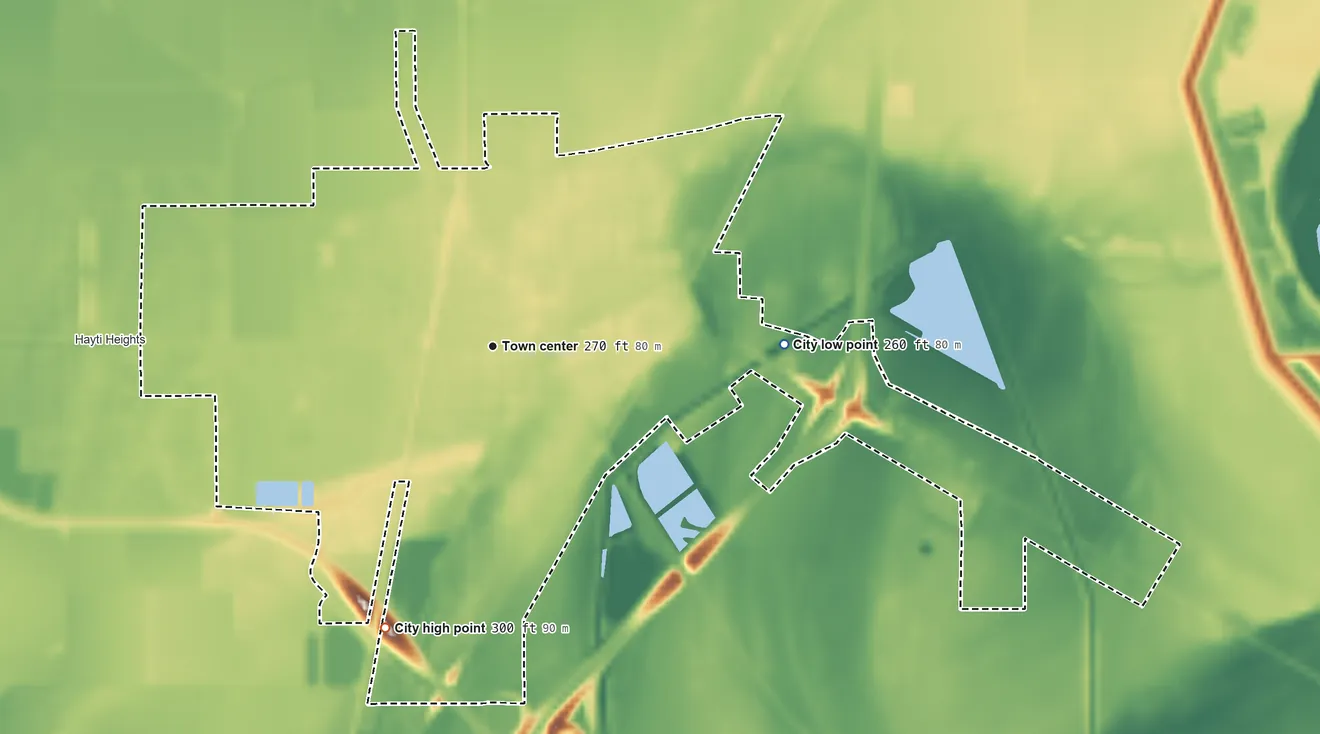 Topographic elevation map of Hayti, Missouri, shaded from 260 ft on the east side to 300 ft on the south side