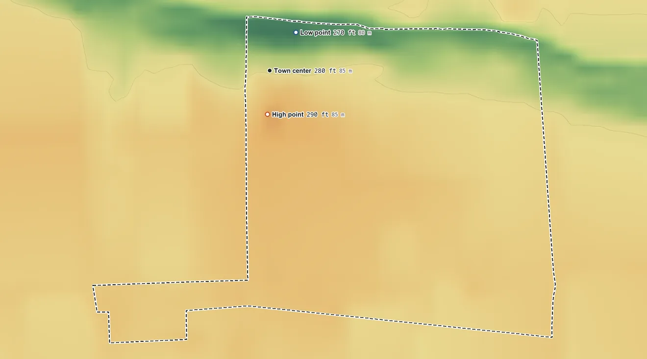 Topographic elevation map of Hayward, Missouri, shaded from 270 ft near the middle to 290 ft near the middle
