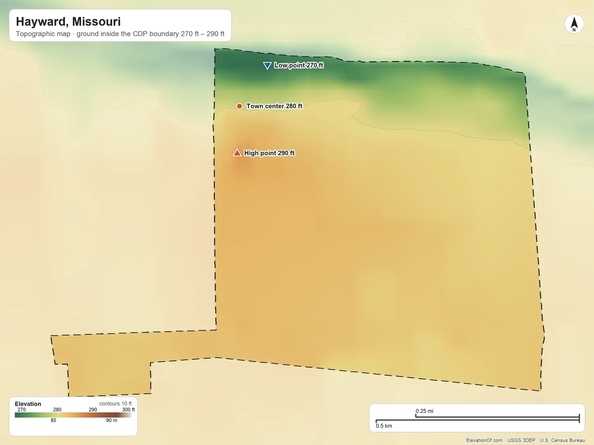 Topographic elevation map of Hayward, Missouri, shaded from 270 ft near the middle to 290 ft near the middle