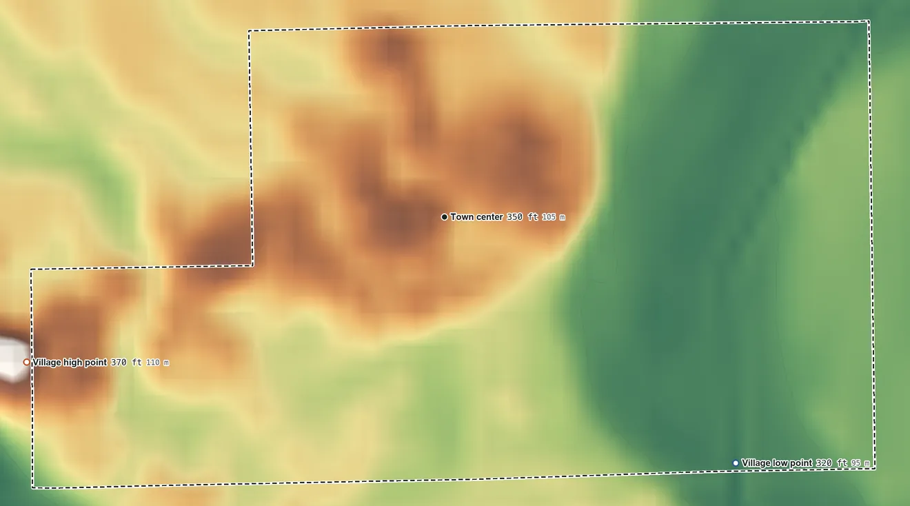 Topographic elevation map of Haywood City, Missouri, shaded from 320 ft on the southeast side to 370 ft on the west side