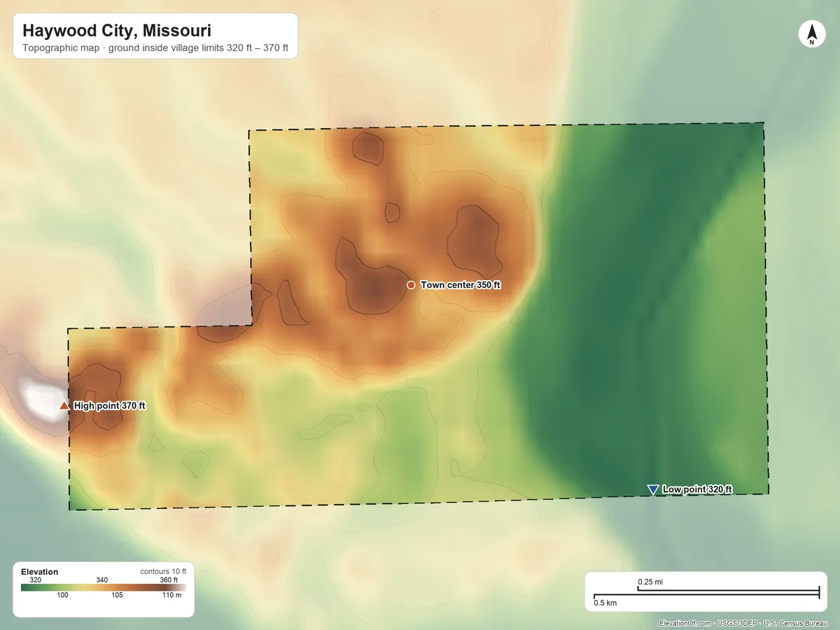 Topographic elevation map of Haywood City, Missouri, shaded from 320 ft on the southeast side to 370 ft on the west side