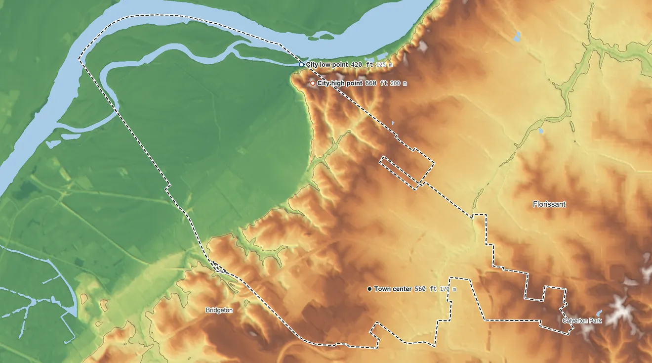 Topographic elevation map of Hazelwood, Missouri, shaded from 420 ft on the north side to 660 ft on the north side