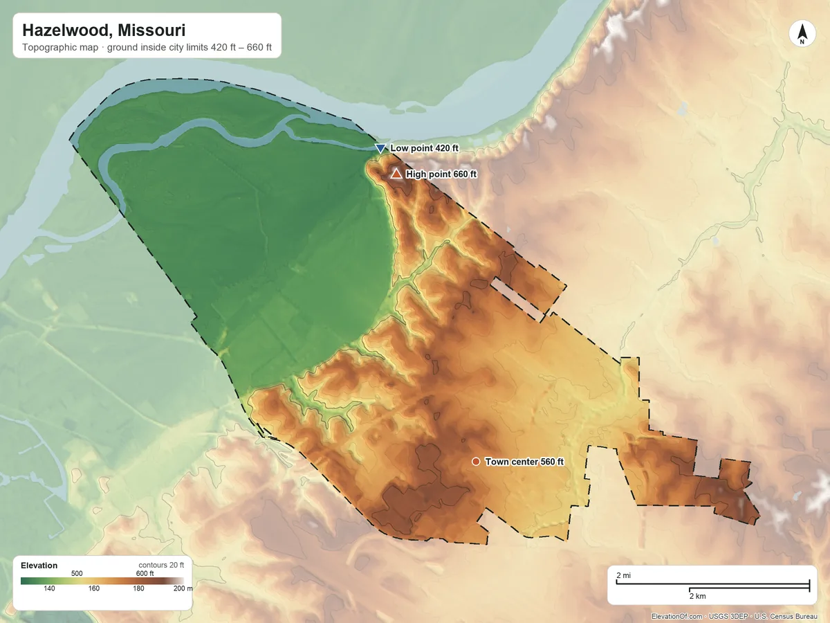 Topographic elevation map of Hazelwood, Missouri, shaded from 420 ft on the north side to 660 ft on the north side