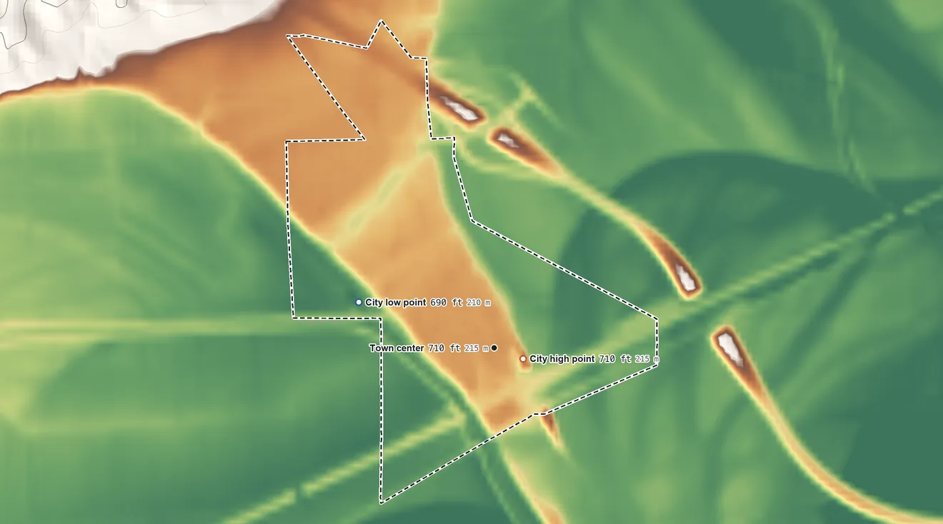Topographic elevation map of Henrietta, Missouri, shaded from 690 ft on the west side to 710 ft near the middle