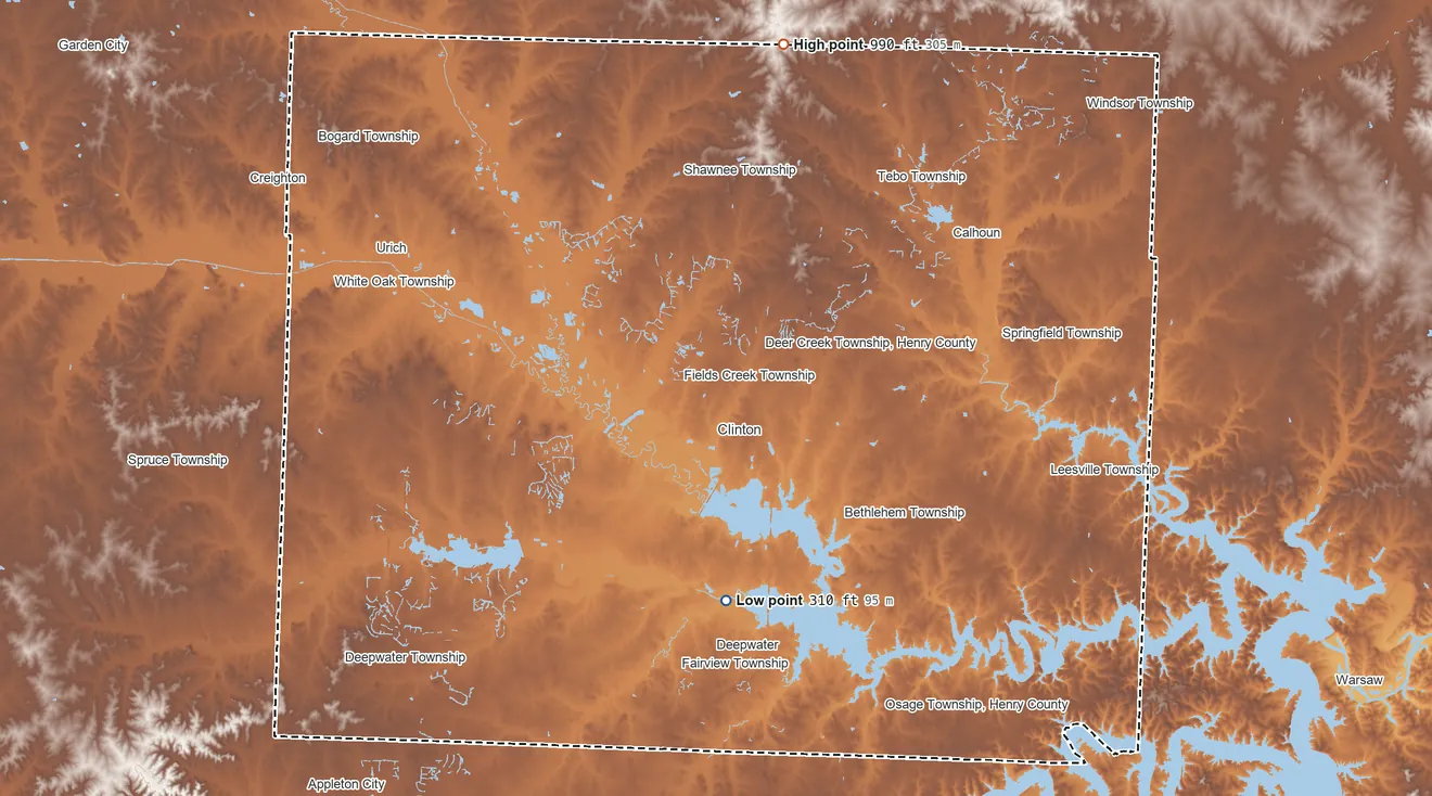 Topographic elevation map of Henry County, Missouri, shaded from 310 ft on the south side to 990 ft on the north side