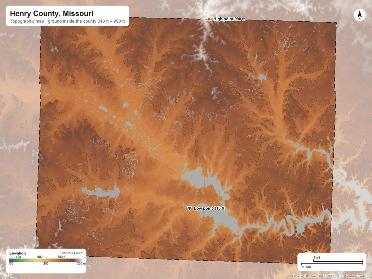 Topographic elevation map of Henry County, Missouri, shaded from 310 ft on the south side to 990 ft on the north side