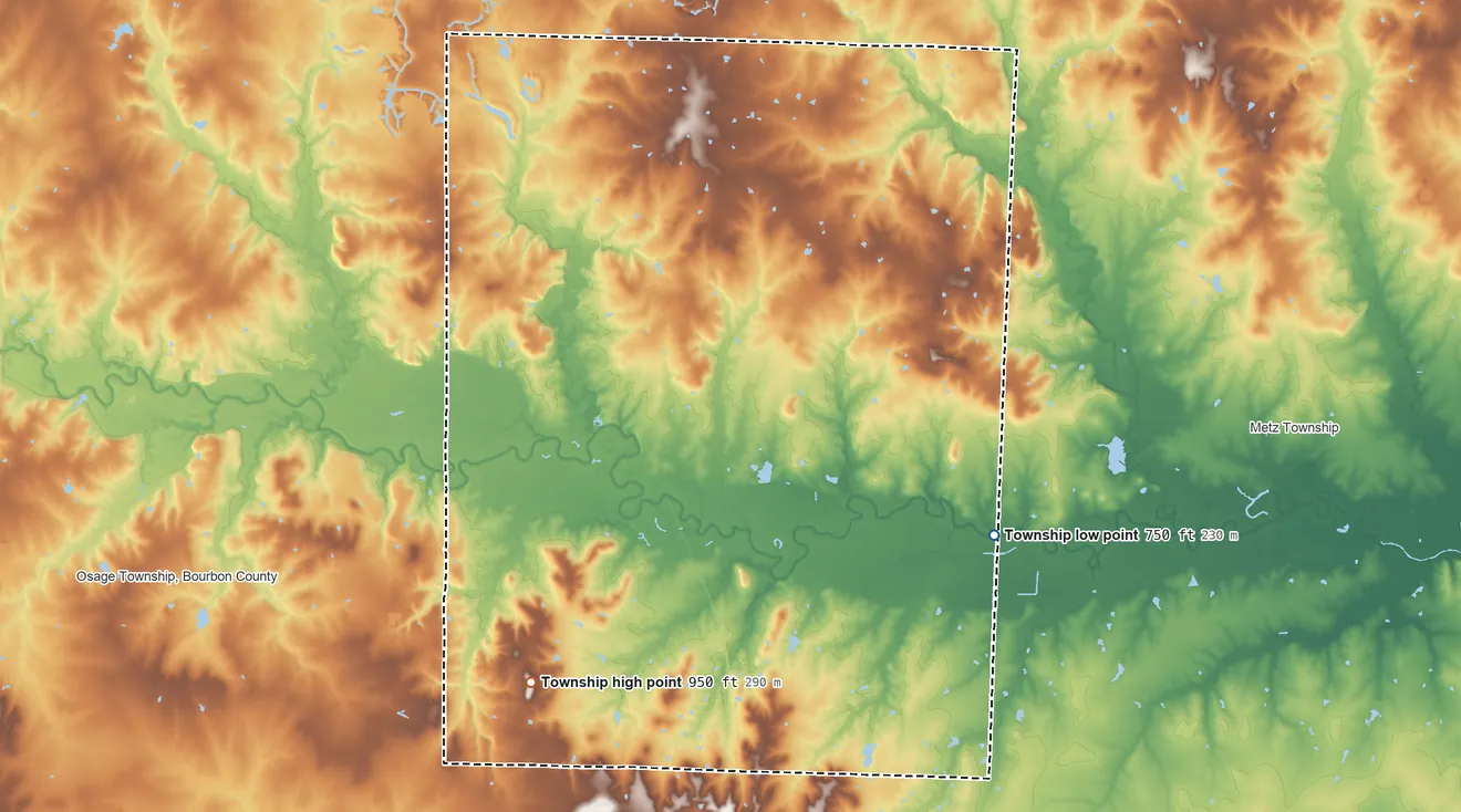 Topographic elevation map of Henry Township, Missouri, shaded from 750 ft on the southeast side to 950 ft on the southwest side