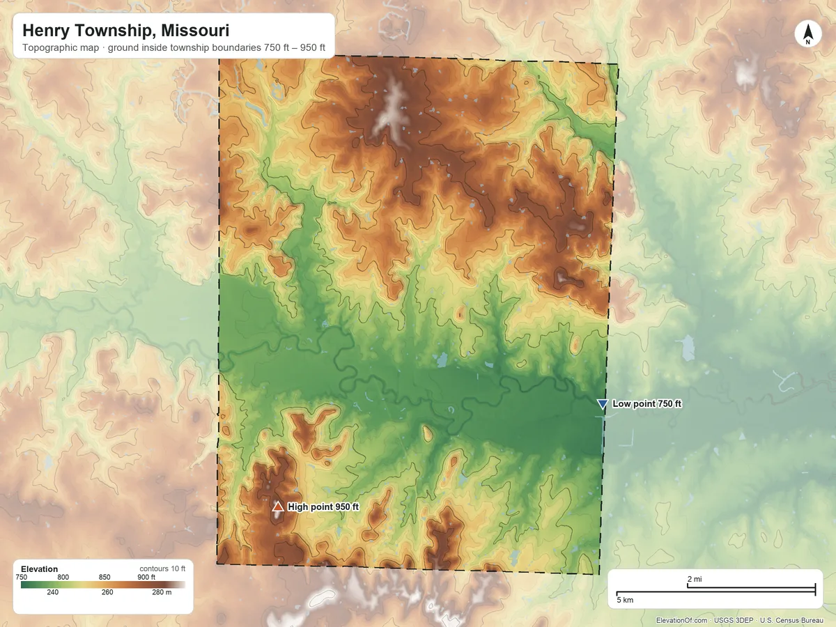 Topographic elevation map of Henry Township, Missouri, shaded from 750 ft on the southeast side to 950 ft on the southwest side