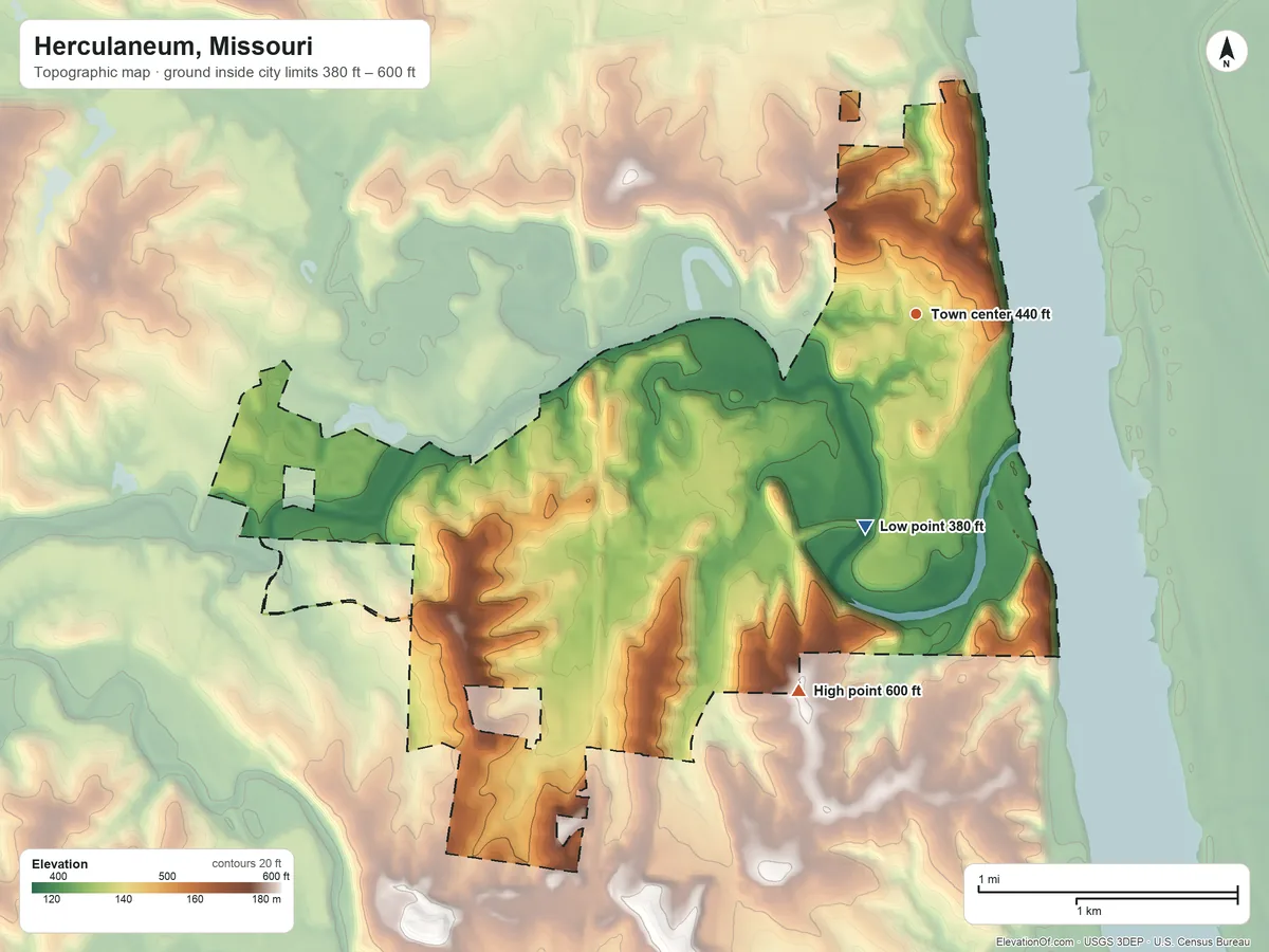 Topographic elevation map of Herculaneum, Missouri, shaded from 380 ft on the south side to 600 ft on the south side