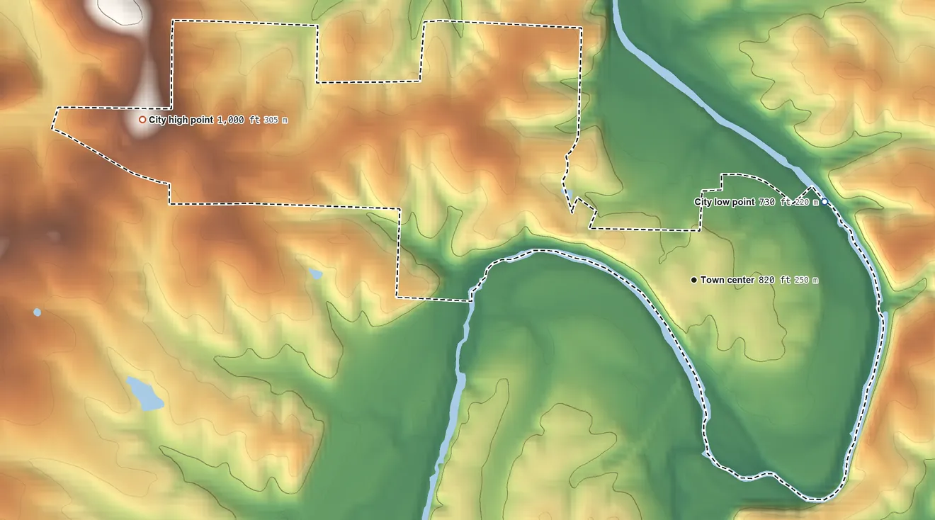 Topographic elevation map of Hermitage, Missouri, shaded from 730 ft on the northeast side to 1,000 ft on the west side
