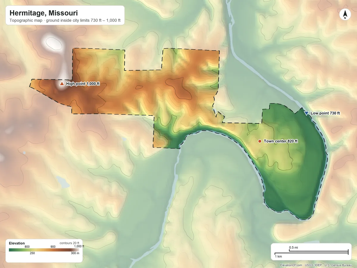 Topographic elevation map of Hermitage, Missouri, shaded from 730 ft on the northeast side to 1,000 ft on the west side