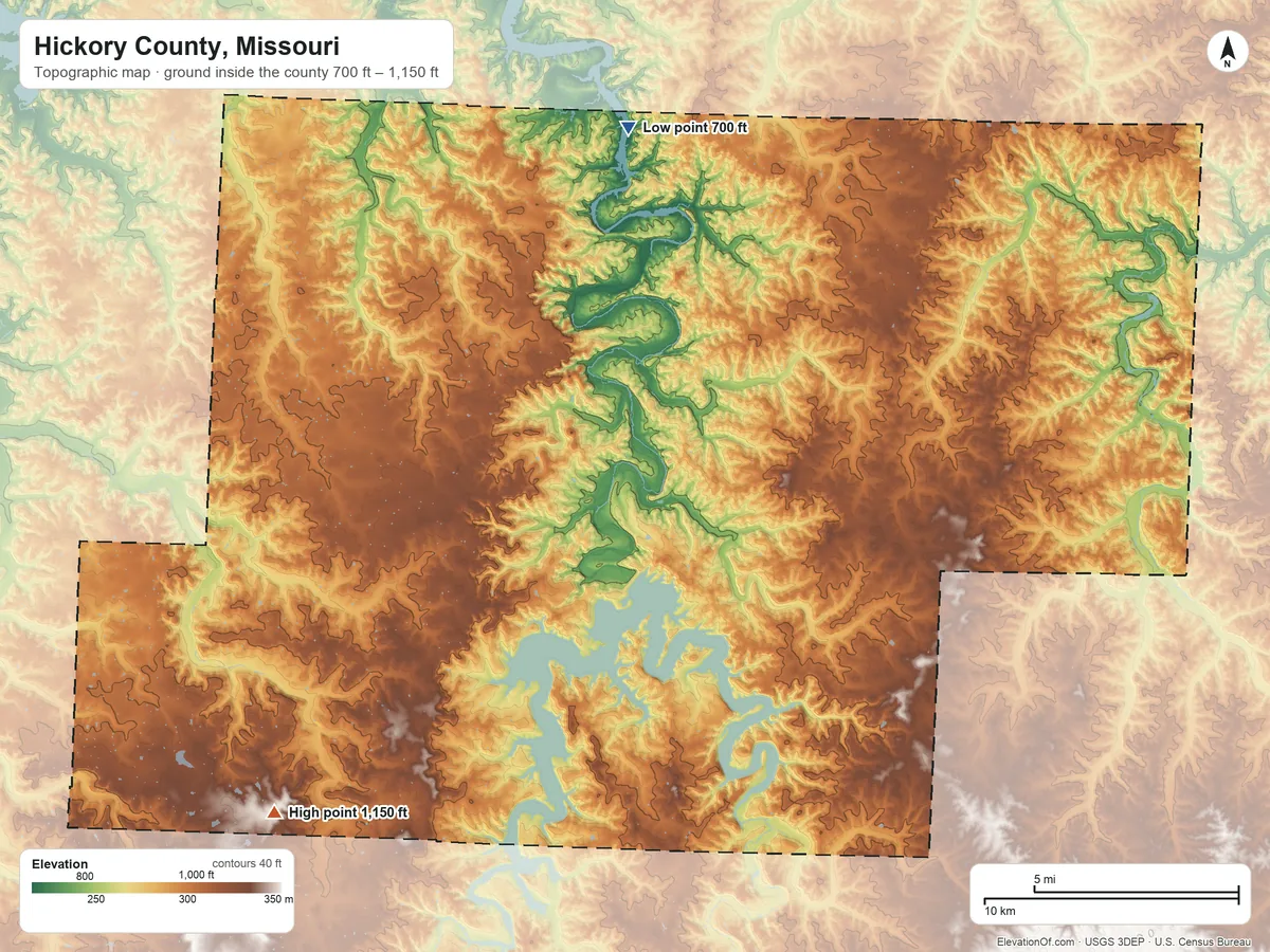 Topographic elevation map of Hickory County, Missouri, shaded from 700 ft on the north side to 1,150 ft on the southwest side