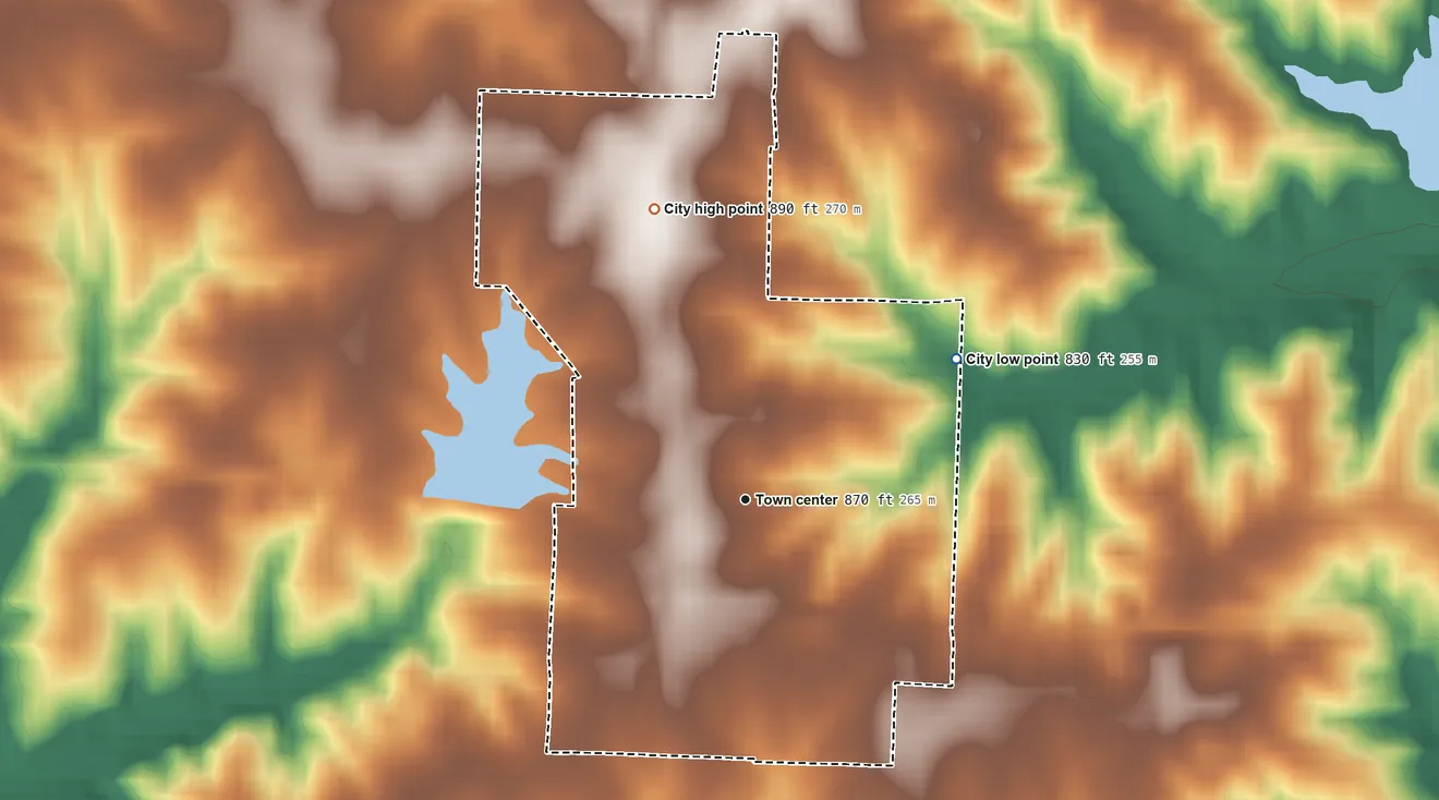 Topographic elevation map of Higbee, Missouri, shaded from 830 ft on the northeast side to 890 ft on the north side