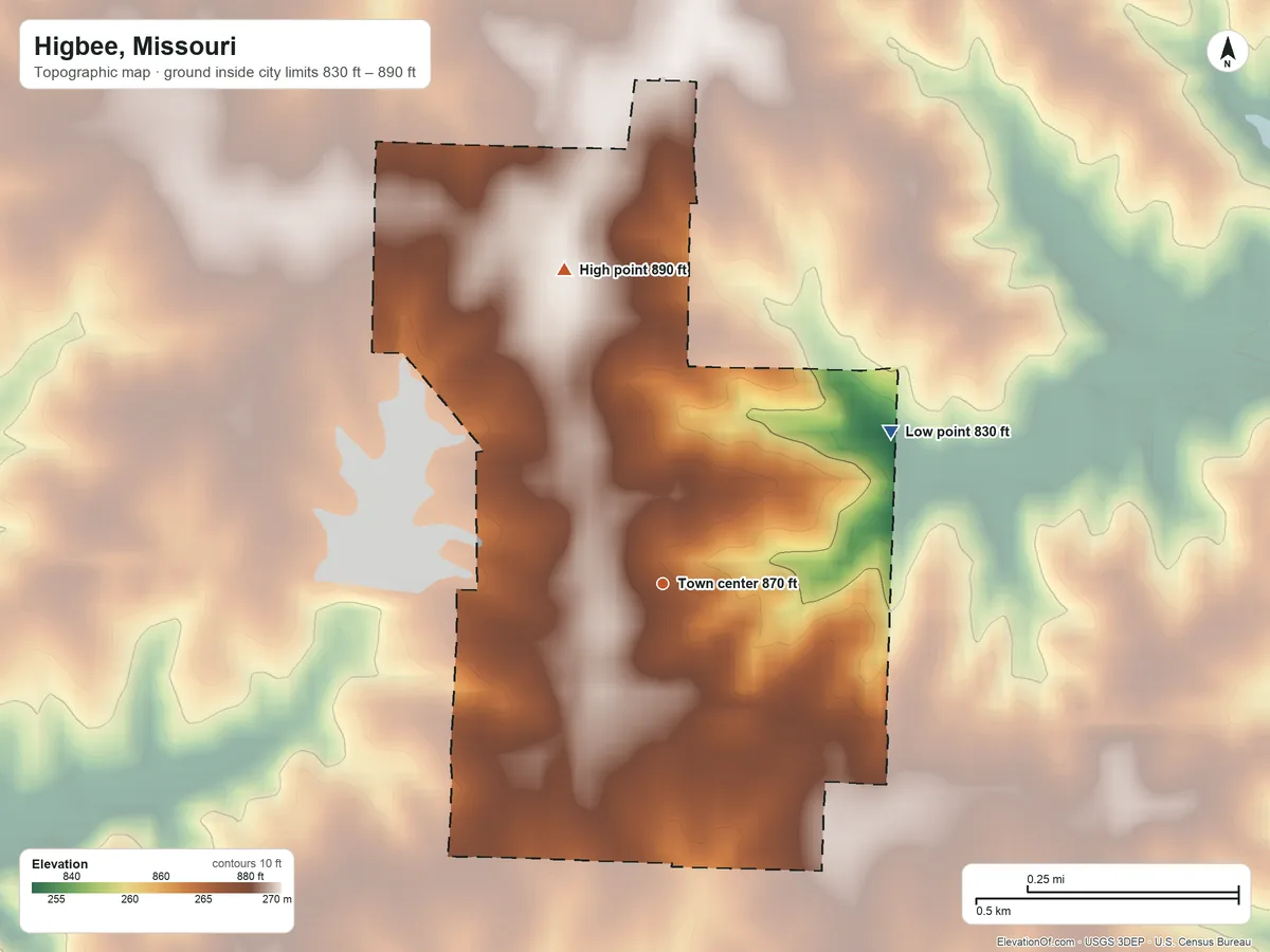 Topographic elevation map of Higbee, Missouri, shaded from 830 ft on the northeast side to 890 ft on the north side