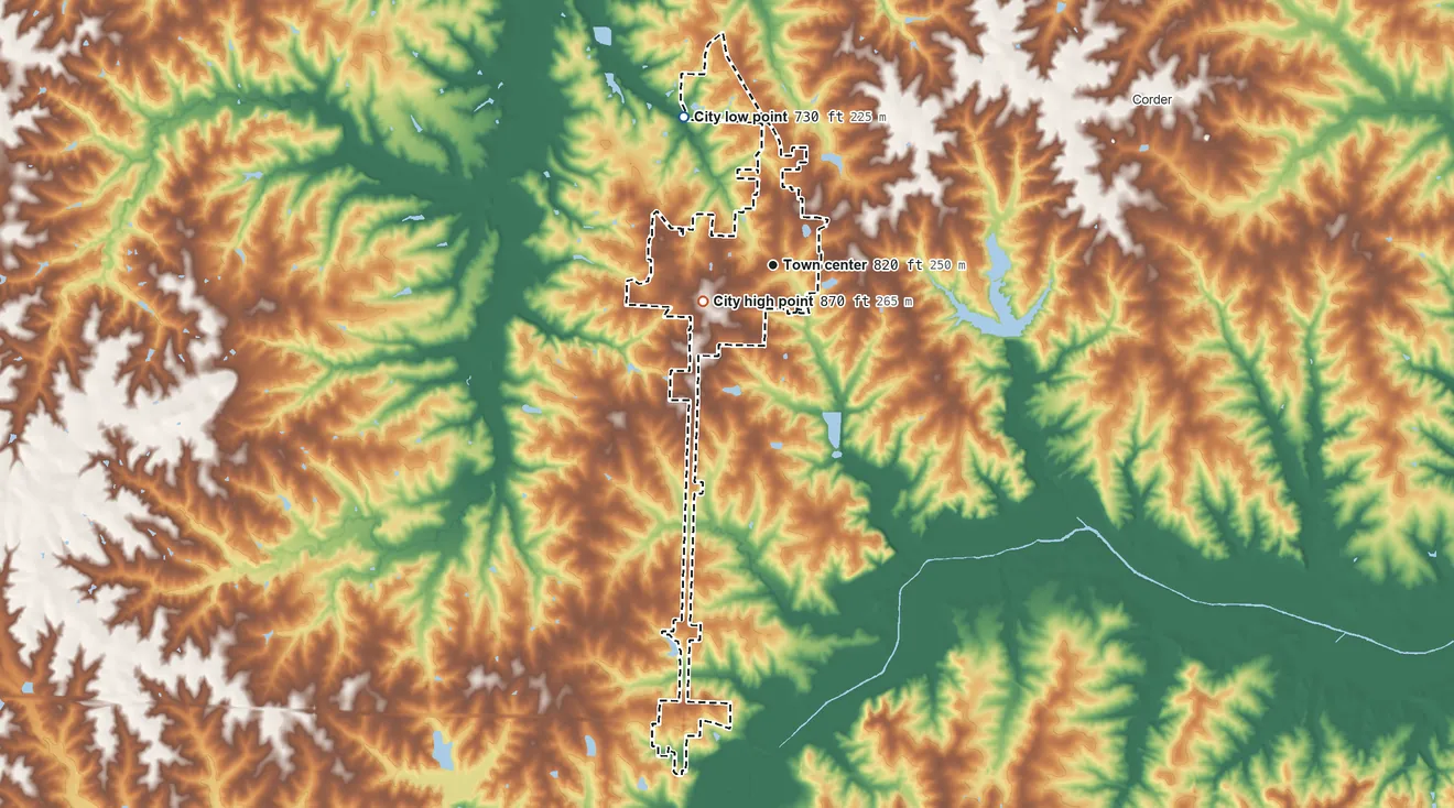 Topographic elevation map of Higginsville, Missouri, shaded from 730 ft on the northwest side to 870 ft on the southwest side