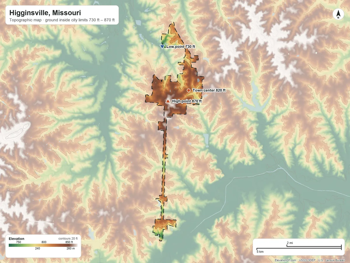 Topographic elevation map of Higginsville, Missouri, shaded from 730 ft on the northwest side to 870 ft on the southwest side