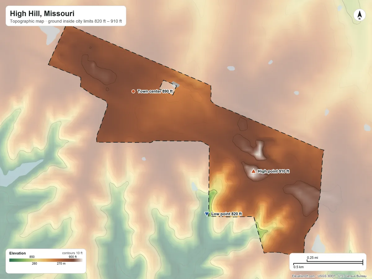 Topographic elevation map of High Hill, Missouri, shaded from 820 ft on the southeast side to 910 ft on the southeast side
