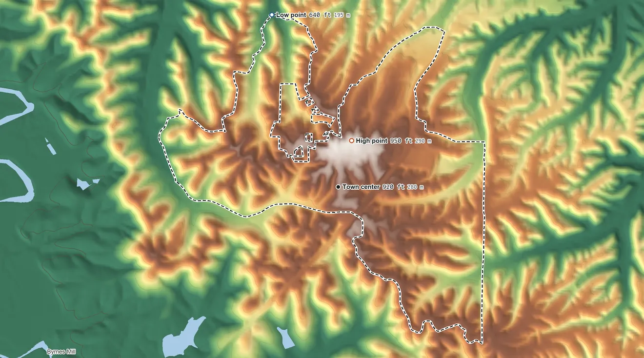 Topographic elevation map of High Ridge, Missouri, shaded from 640 ft on the north side to 950 ft on the north side