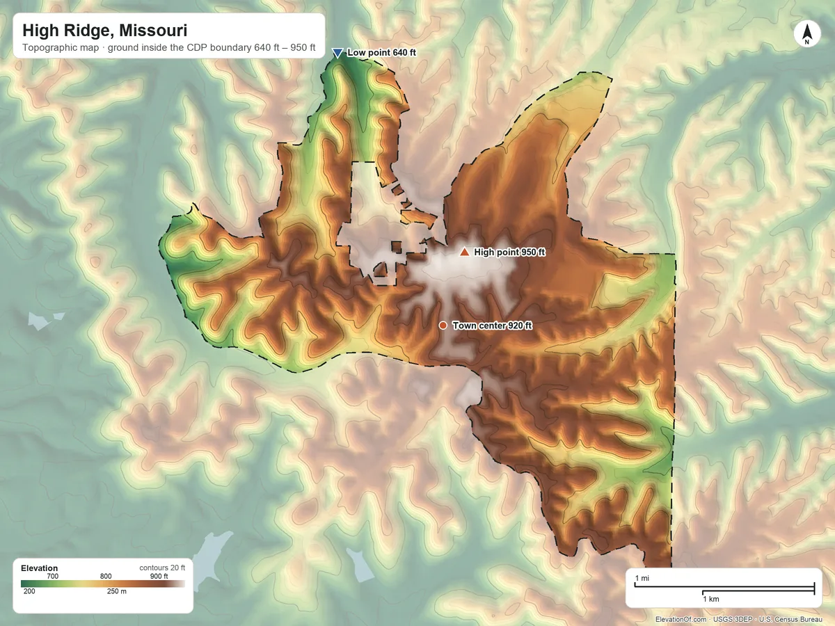 Topographic elevation map of High Ridge, Missouri, shaded from 640 ft on the north side to 950 ft on the north side