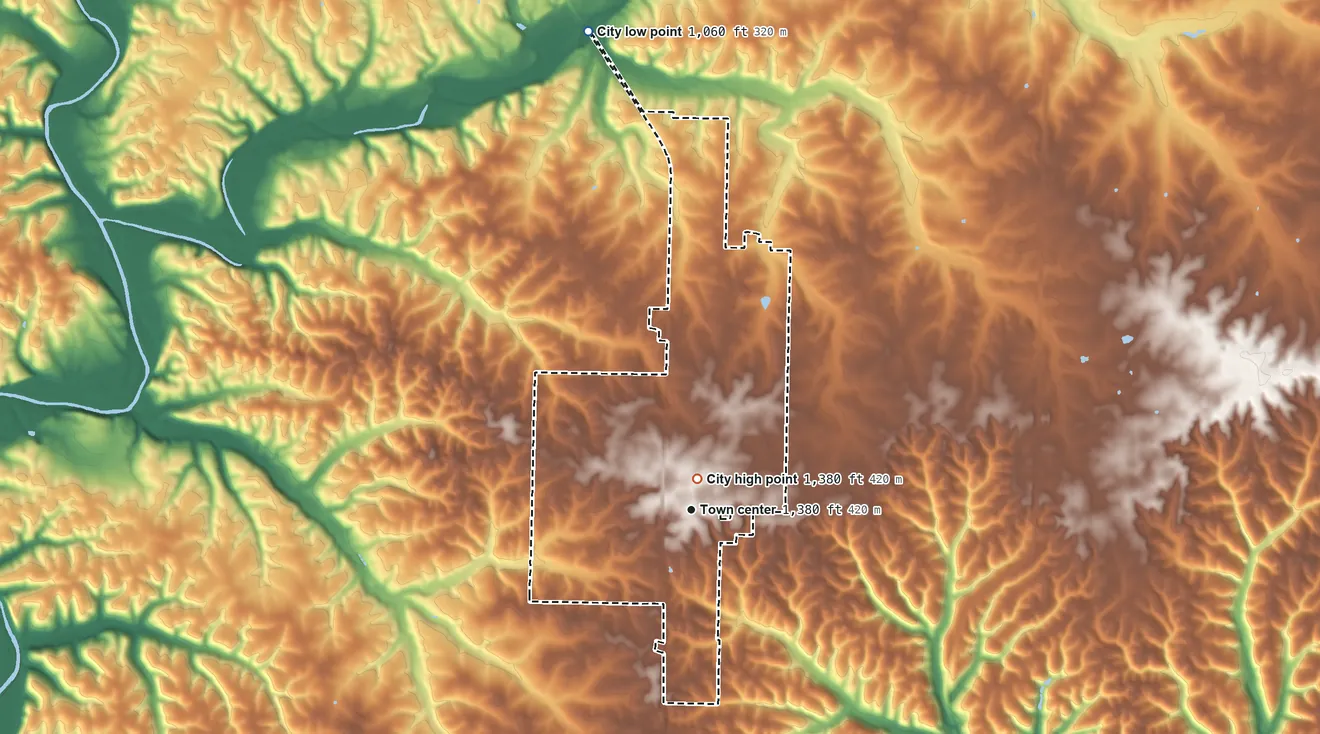 Topographic elevation map of Highlandville, Missouri, shaded from 1,060 ft on the north side to 1,380 ft near the middle