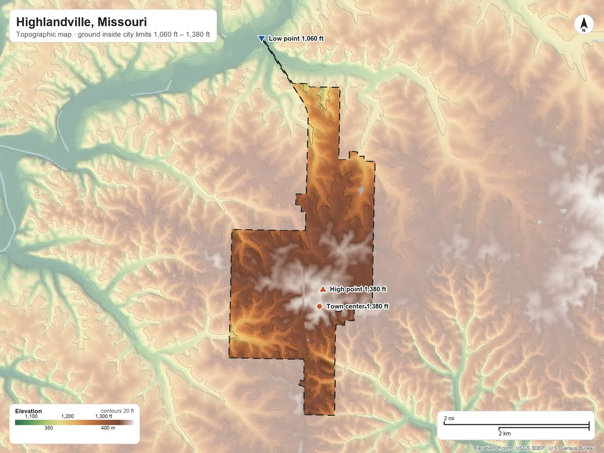 Topographic elevation map of Highlandville, Missouri, shaded from 1,060 ft on the north side to 1,380 ft near the middle