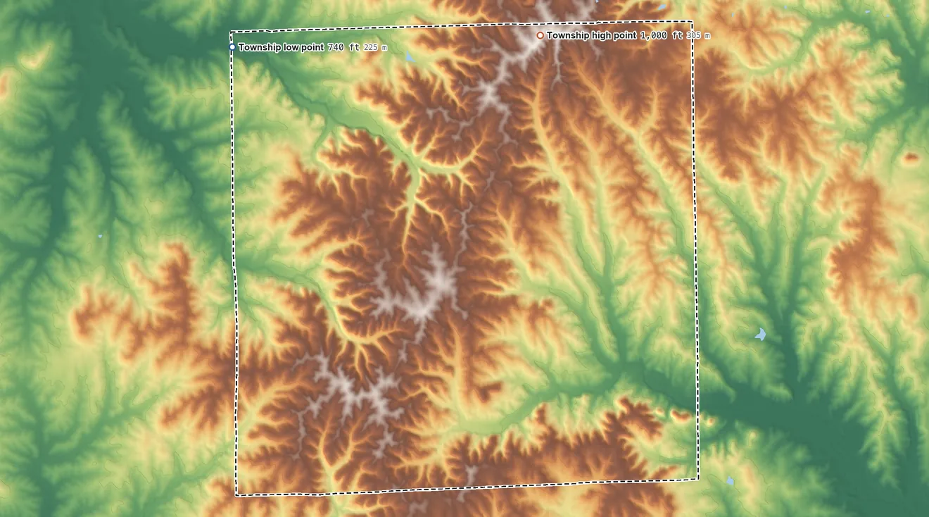 Topographic elevation map of Hill Township, Missouri, shaded from 740 ft on the northwest side to 1,000 ft on the north side