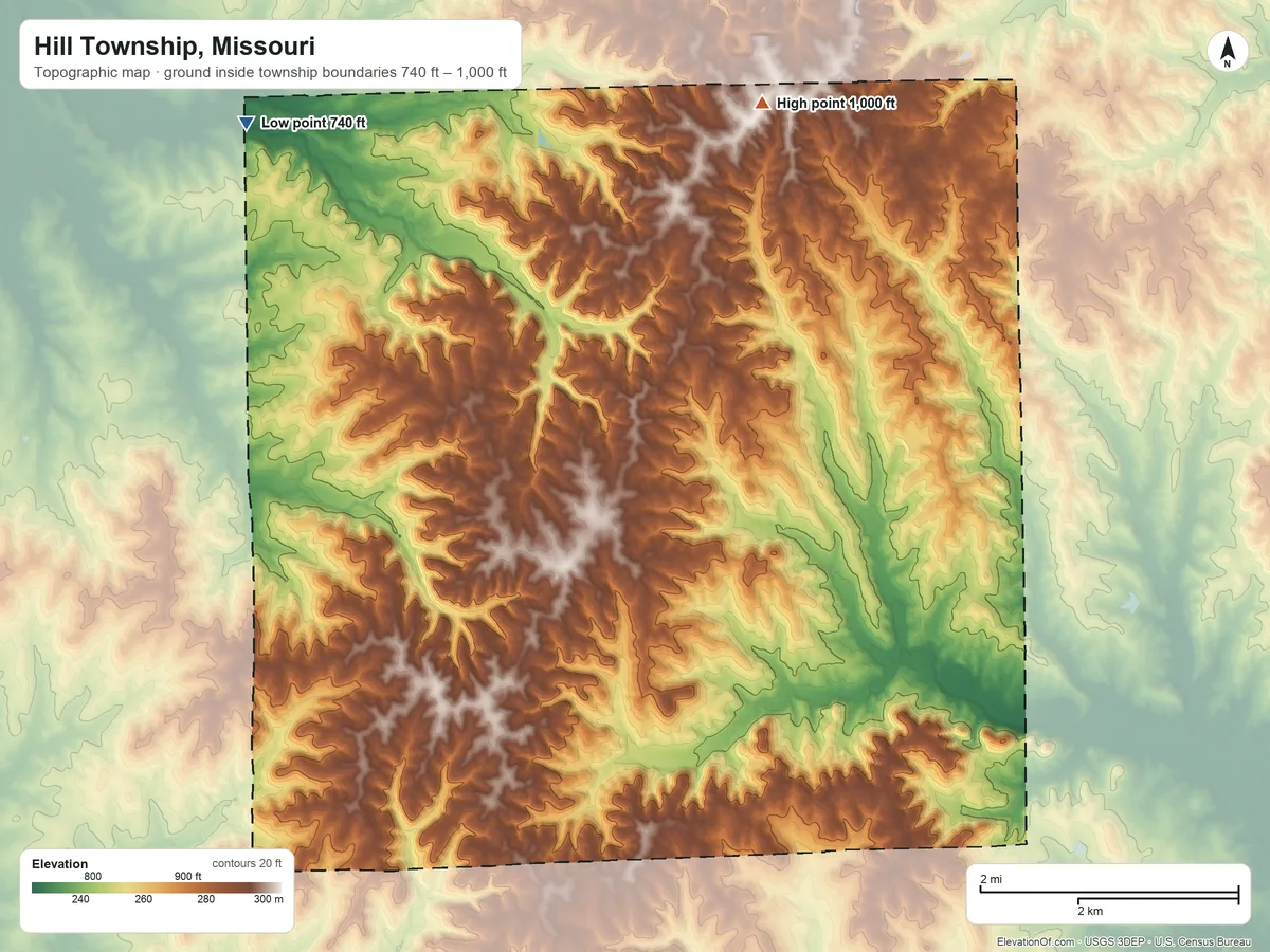 Topographic elevation map of Hill Township, Missouri, shaded from 740 ft on the northwest side to 1,000 ft on the north side