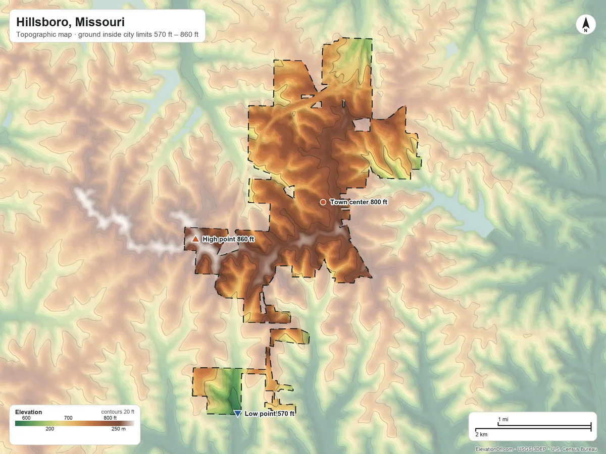Topographic elevation map of Hillsboro, Missouri, shaded from 570 ft on the south side to 860 ft on the west side
