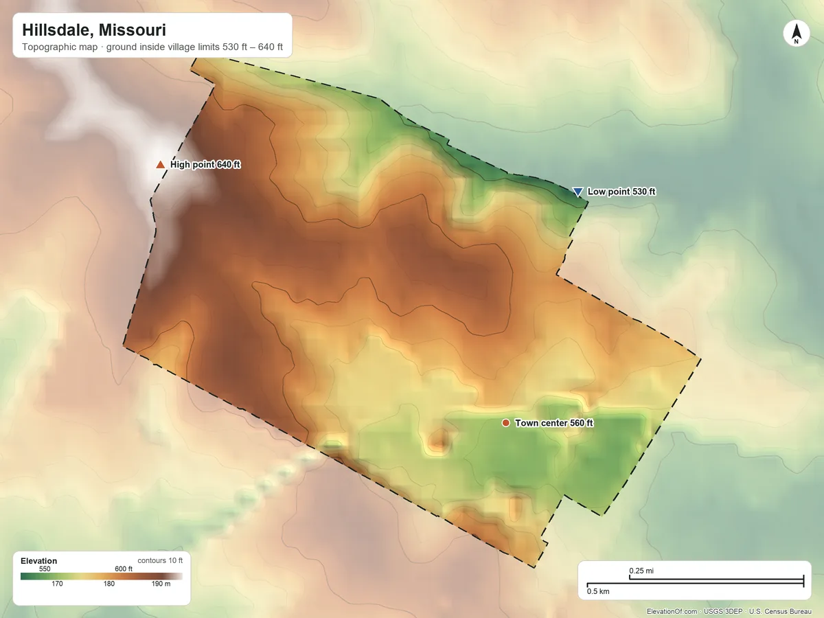 Topographic elevation map of Hillsdale, Missouri, shaded from 530 ft on the north side to 640 ft on the northwest side