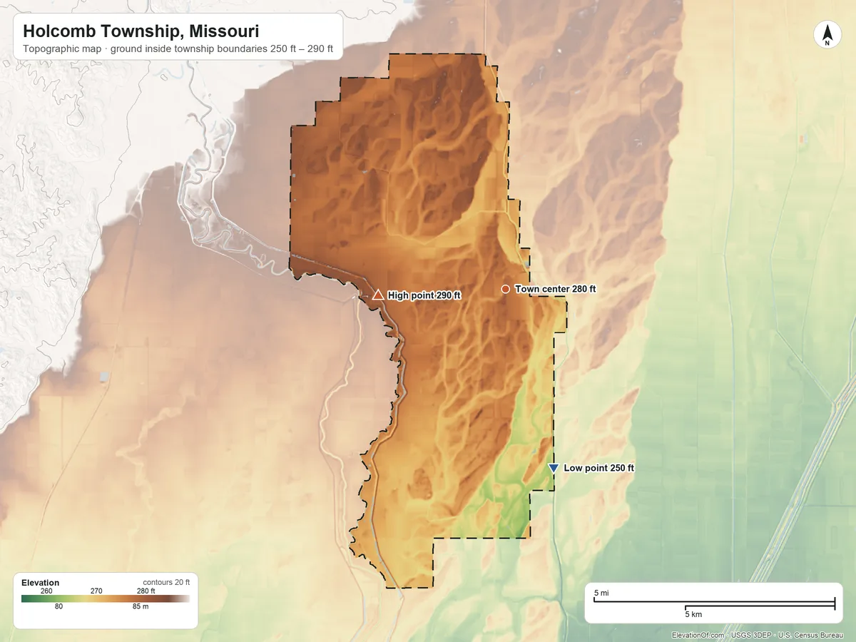 Topographic elevation map of Holcomb Township, Missouri, shaded from 250 ft on the south side to 290 ft on the west side
