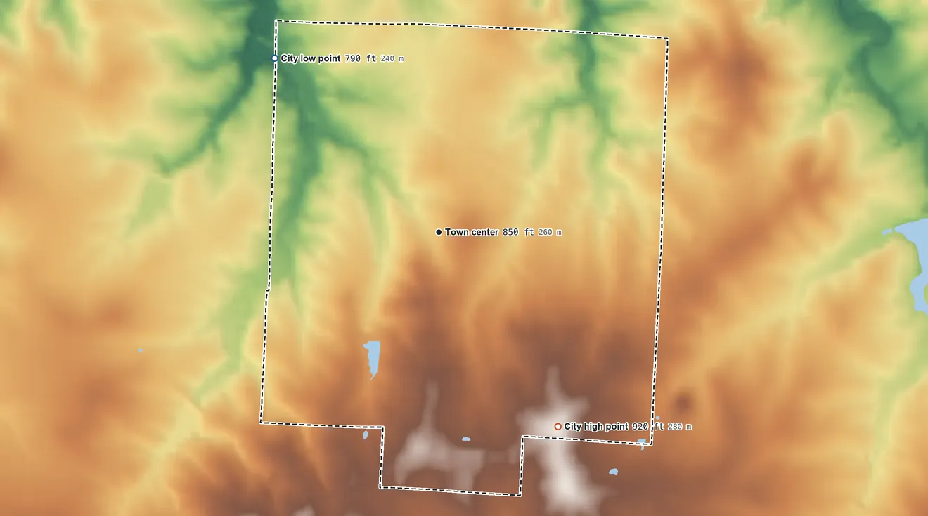 Topographic elevation map of Holden, Missouri, shaded from 790 ft on the northwest side to 920 ft on the southeast side