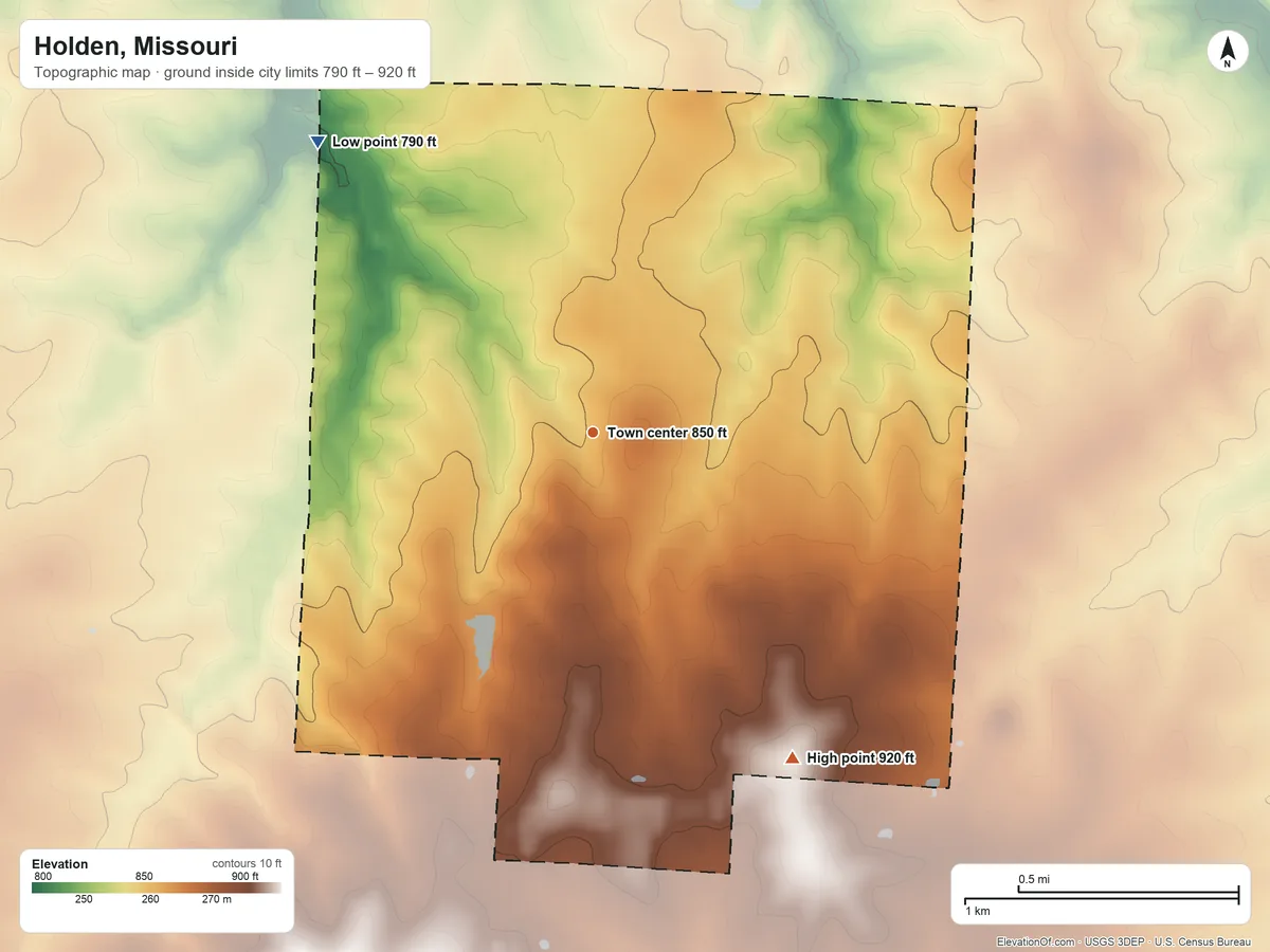 Topographic elevation map of Holden, Missouri, shaded from 790 ft on the northwest side to 920 ft on the southeast side