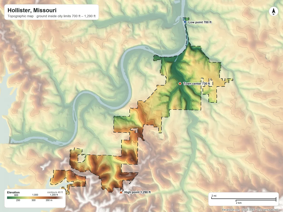 Topographic elevation map of Hollister, Missouri, shaded from 700 ft on the north side to 1,290 ft on the southwest side
