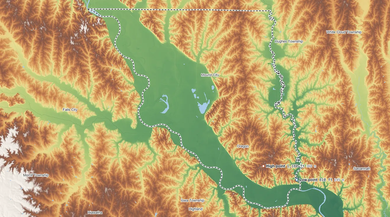 Topographic elevation map of Holt County, Missouri, shaded from 810 ft on the southeast side to 1,180 ft on the southeast side