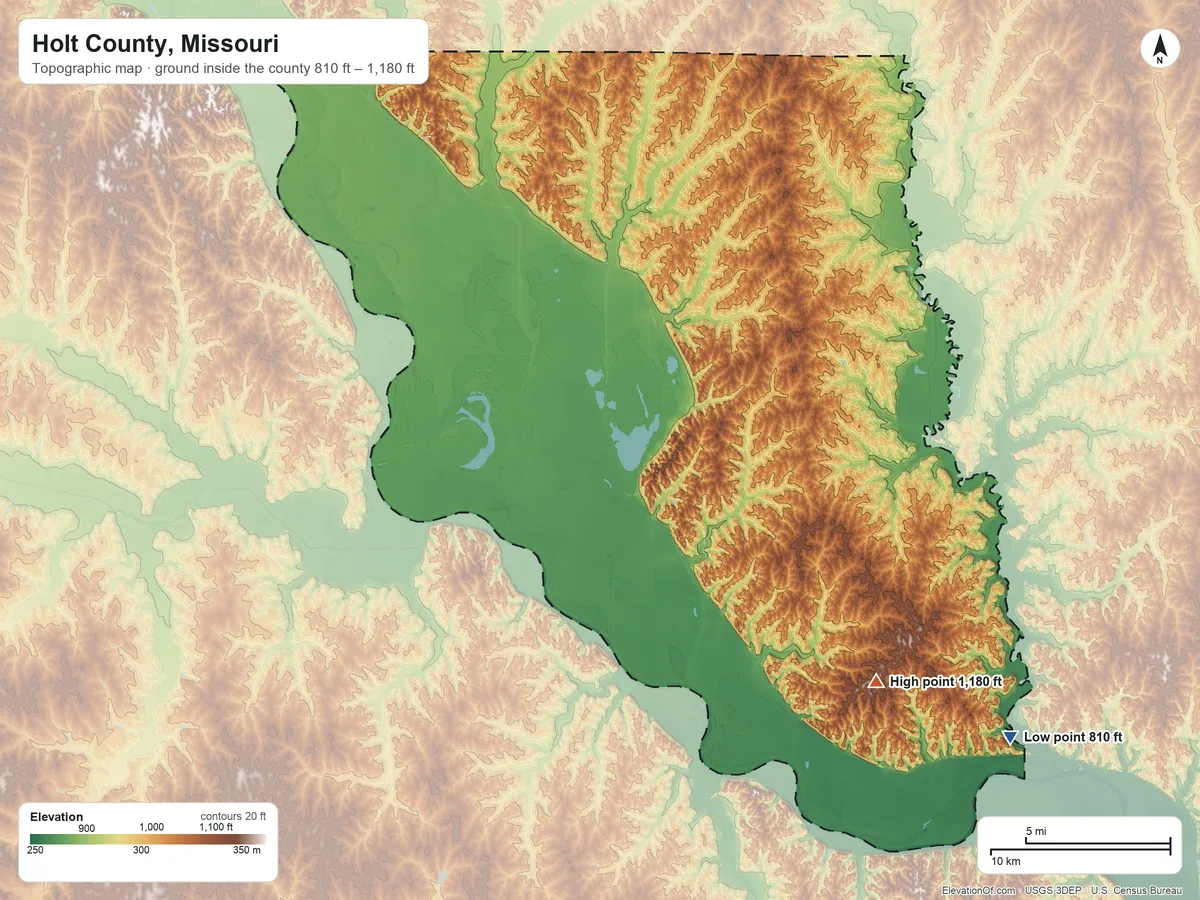 Topographic elevation map of Holt County, Missouri, shaded from 810 ft on the southeast side to 1,180 ft on the southeast side