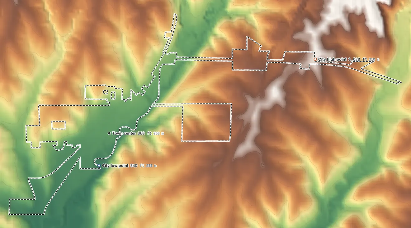 Topographic elevation map of Holt, Missouri, shaded from 840 ft near the middle to 1,020 ft on the east side