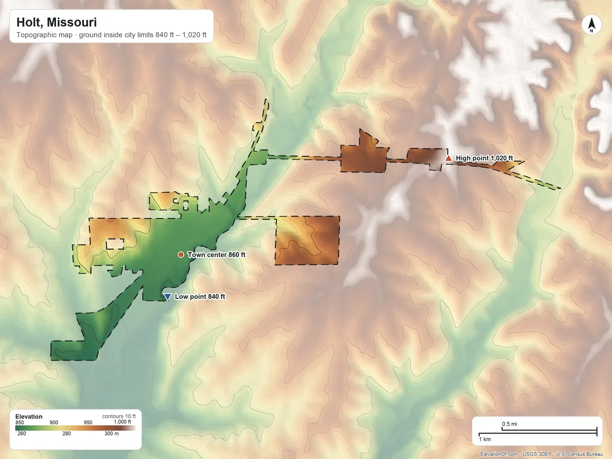 Topographic elevation map of Holt, Missouri, shaded from 840 ft near the middle to 1,020 ft on the east side