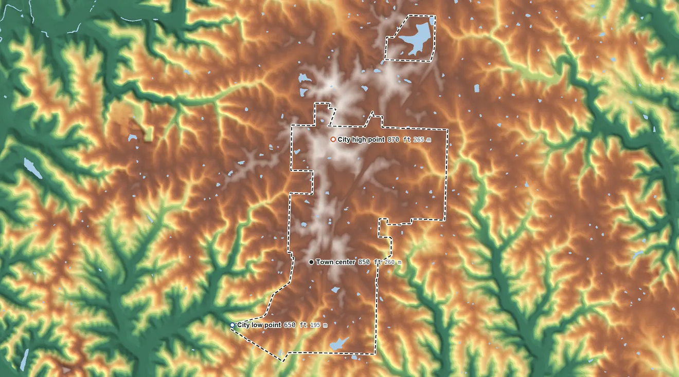 Topographic elevation map of Holts Summit, Missouri, shaded from 650 ft on the southwest side to 870 ft on the north side