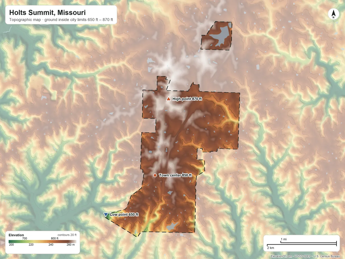 Topographic elevation map of Holts Summit, Missouri, shaded from 650 ft on the southwest side to 870 ft on the north side