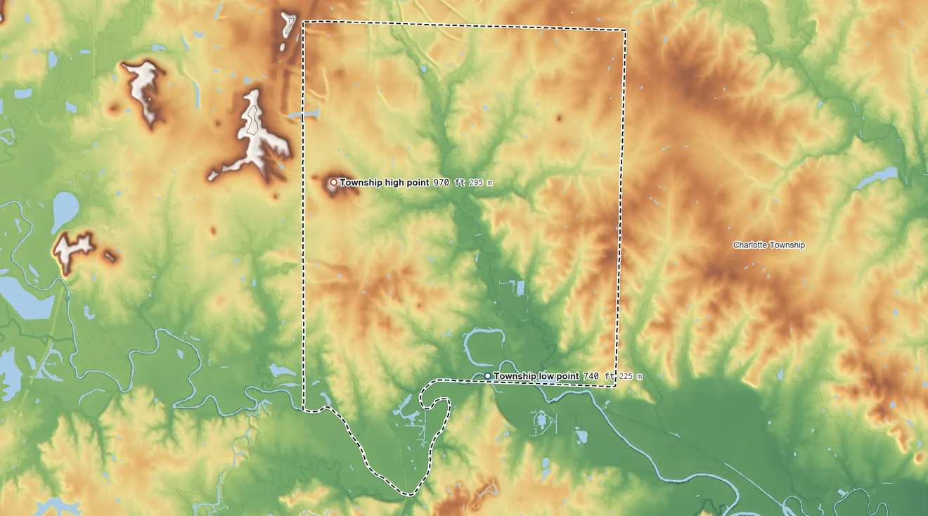 Topographic elevation map of Homer Township, Missouri, shaded from 740 ft on the south side to 970 ft on Spy Mound