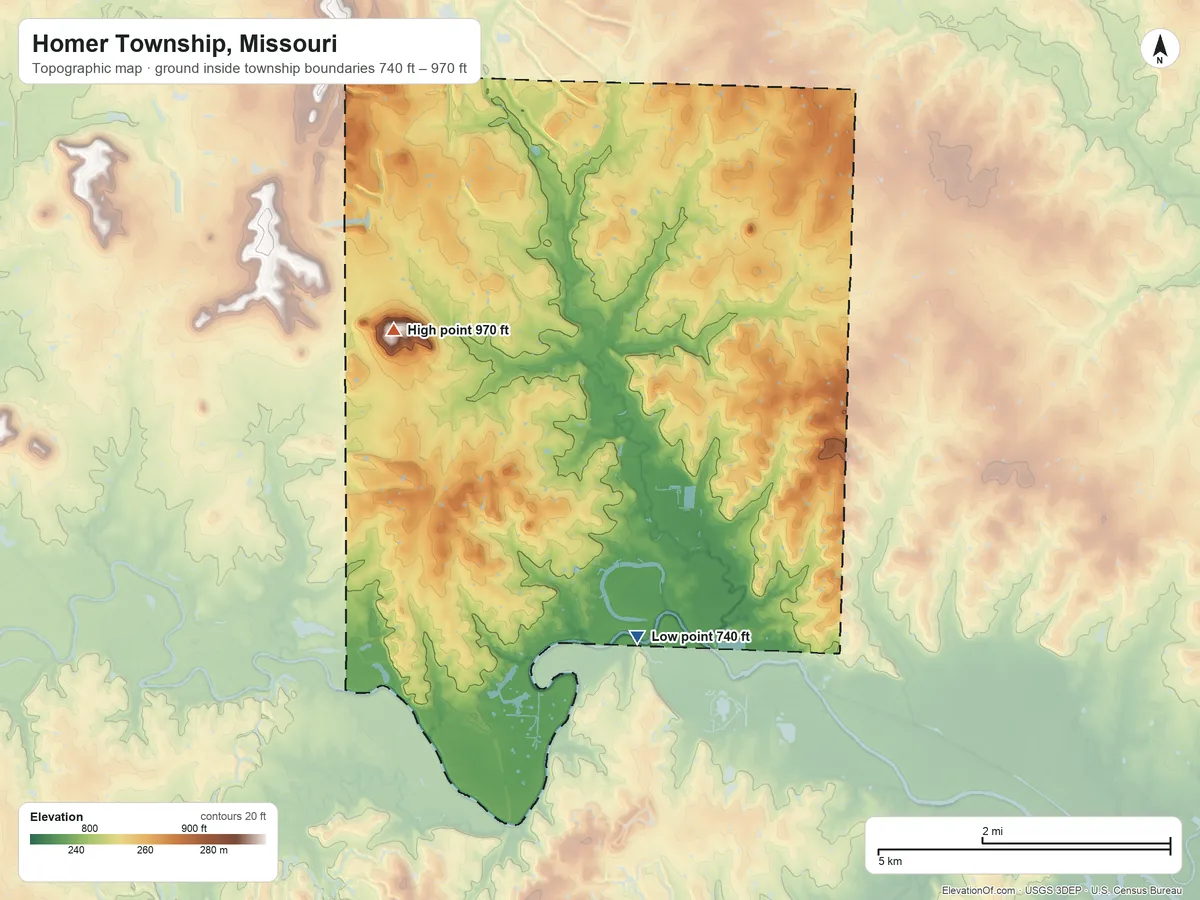 Topographic elevation map of Homer Township, Missouri, shaded from 740 ft on the south side to 970 ft on Spy Mound