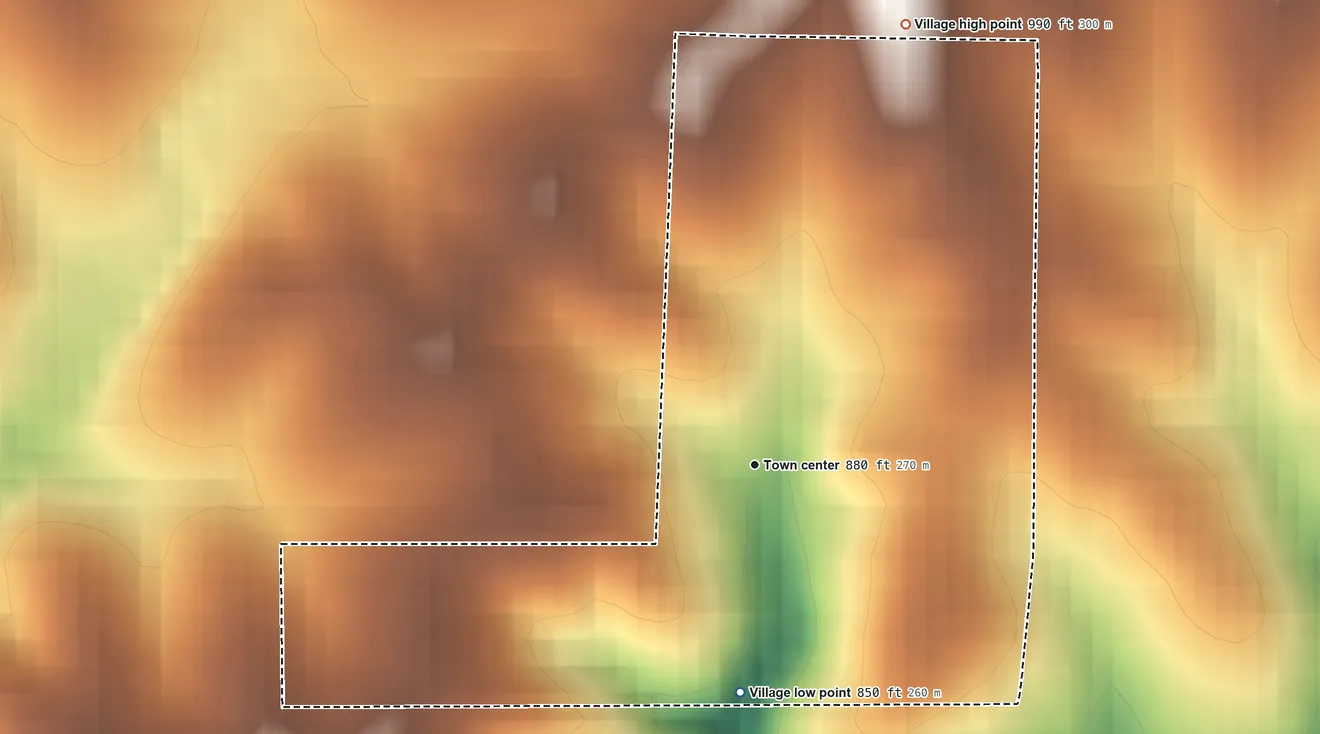 Topographic elevation map of Homestead, Missouri, shaded from 850 ft on the south side to 990 ft on the north side