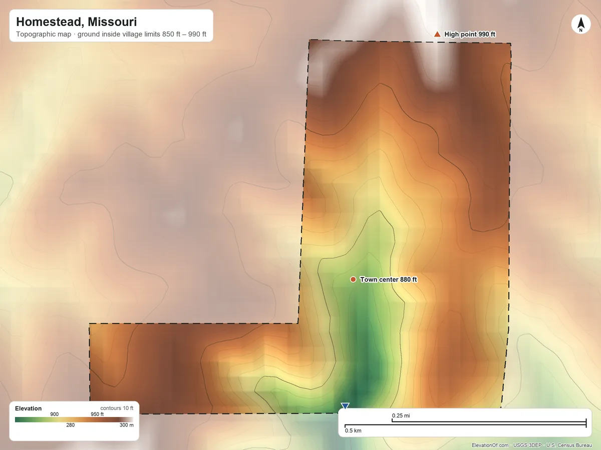 Topographic elevation map of Homestead, Missouri, shaded from 850 ft on the south side to 990 ft on the north side