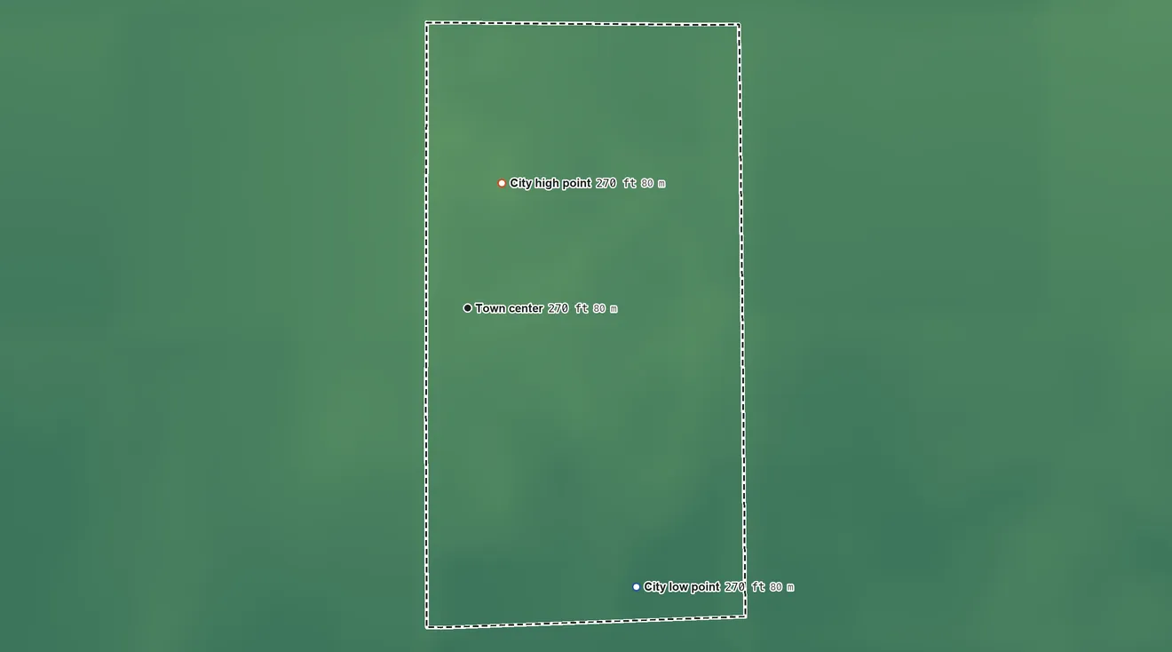 Topographic elevation map of Homestown, Missouri, shaded from 270 ft on the southeast side to 270 ft on the north side