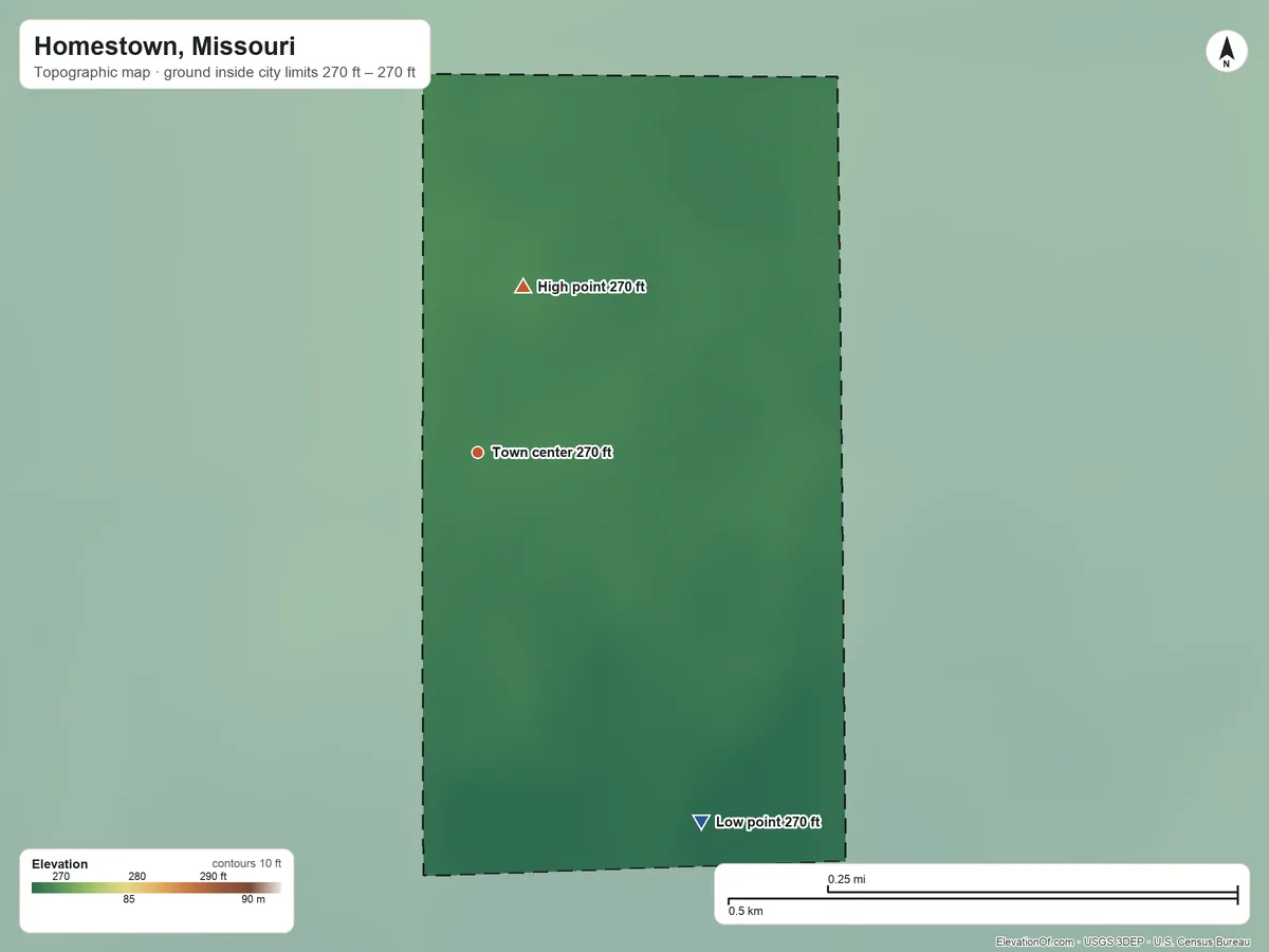 Topographic elevation map of Homestown, Missouri, shaded from 270 ft on the southeast side to 270 ft on the north side