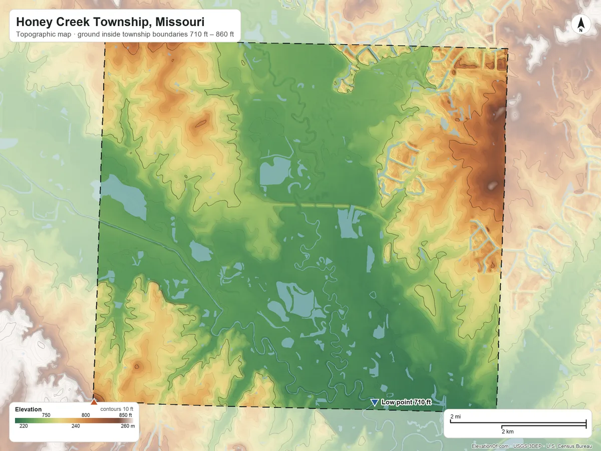 Topographic elevation map of Honey Creek Township, Missouri, shaded from 710 ft on the south side to 860 ft on the southwest side