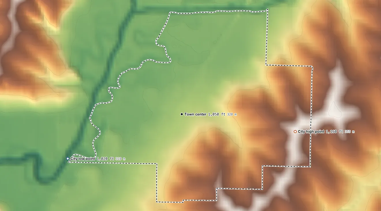 Topographic elevation map of Hopkins, Missouri, shaded from 1,020 ft on the west side to 1,160 ft on the east side
