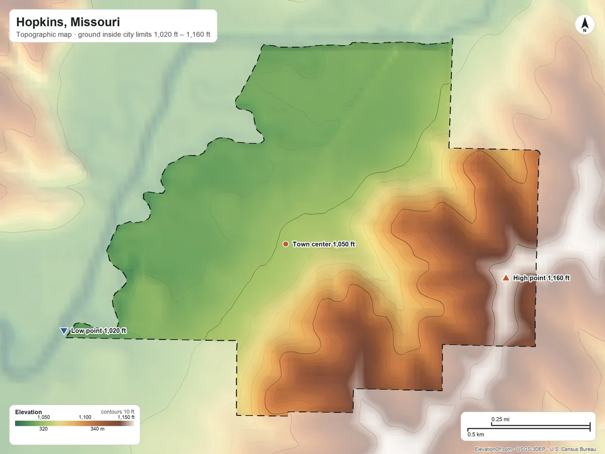 Topographic elevation map of Hopkins, Missouri, shaded from 1,020 ft on the west side to 1,160 ft on the east side