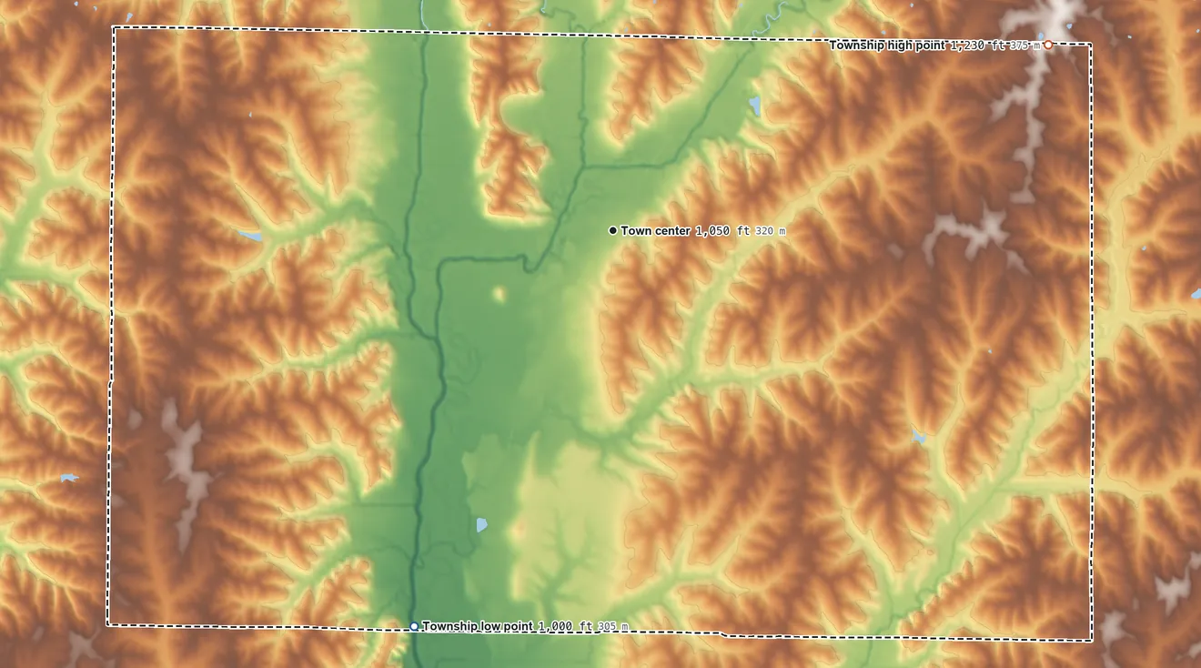 Topographic elevation map of Hopkins Township, Missouri, shaded from 1,000 ft on the southwest side to 1,230 ft on the northeast side